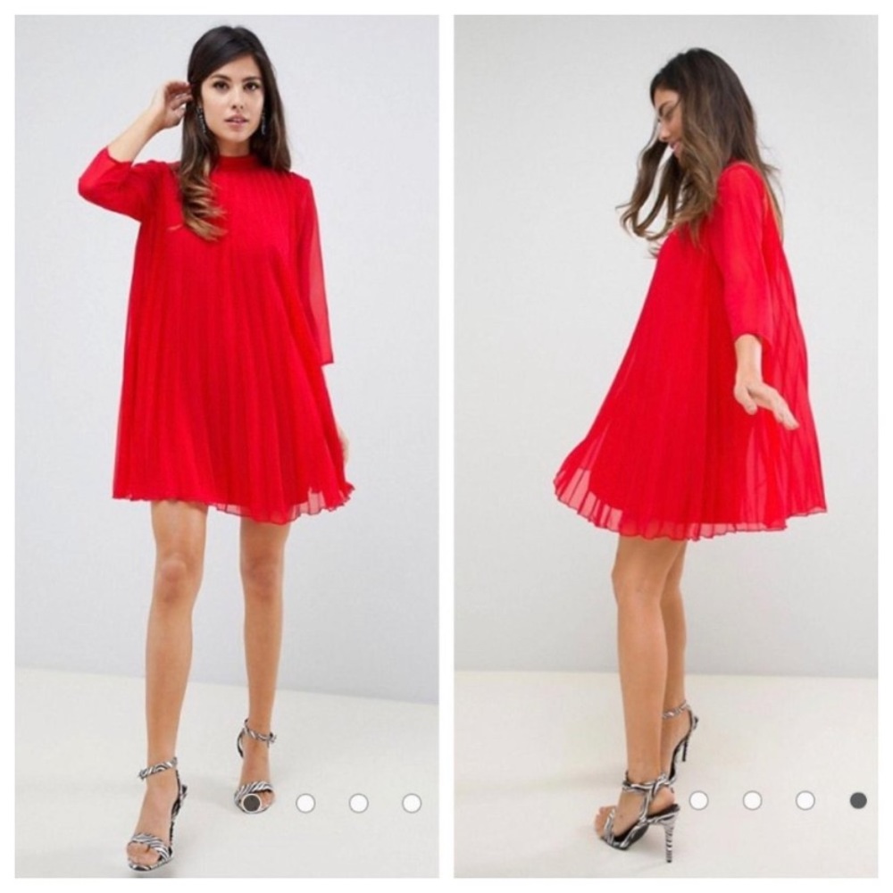 ASOS Pleated Trapeze Mini Dress Red 8 NWT